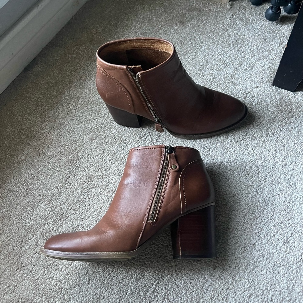 Genuine Leather Brown Ankle Booties Chunky Block Heel Side Zipper